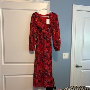 Vibrant Red Floral Long Sleeve Dress